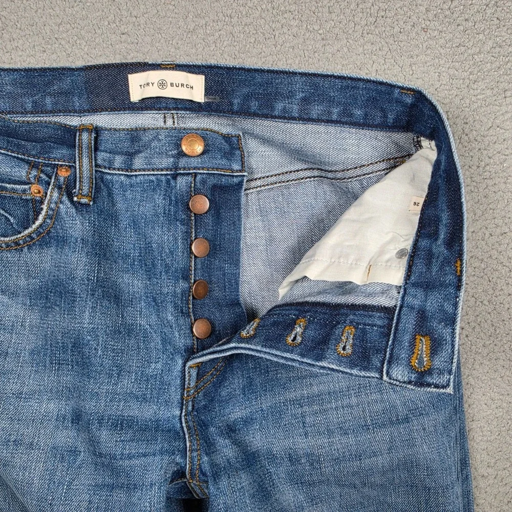 Tory Burch Jeans Womens Size 26 Medium Wash Straight Selvedge Button Fly Mom Fit